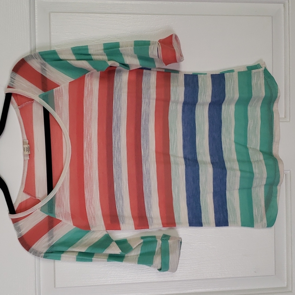 Timing Striped mint green,  violet and Coral Scoop Neck Tee, size small